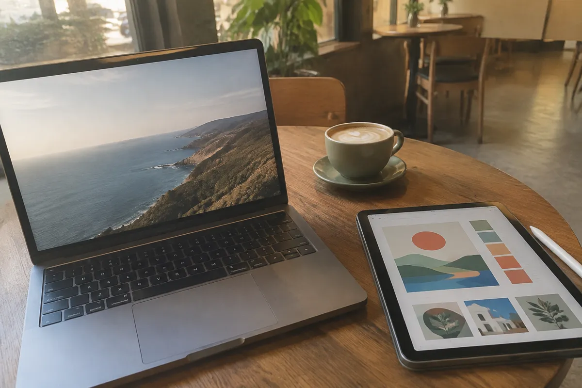 a laptop on a cafe table beside a tablet showing a colourful design mockup and a coffee cup, warm light
