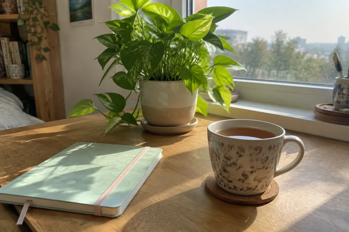 a cosy desk with a potted plant, a pastel notebook and a cup of tea in soft afternoon sunlight