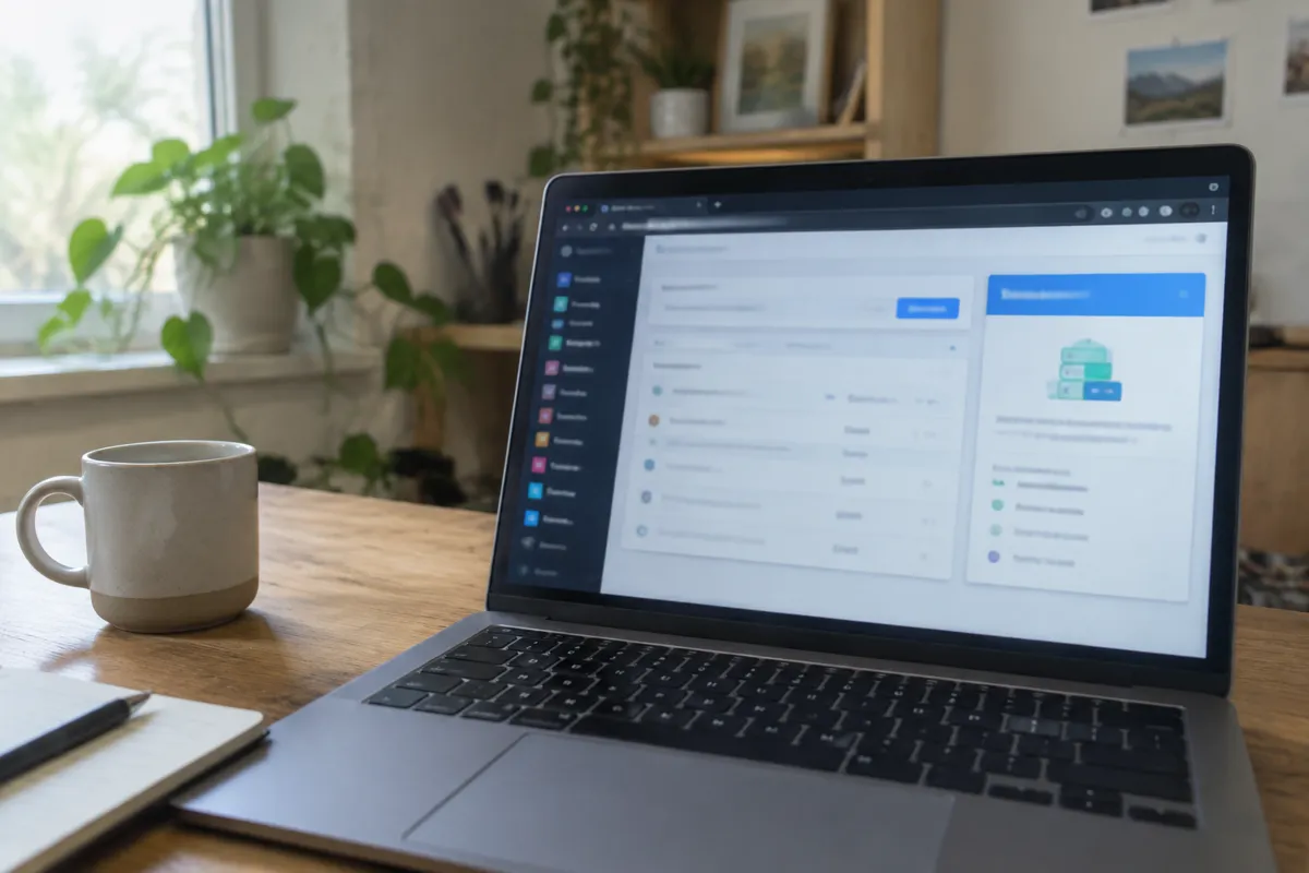a phone held up photographing a laptop showing a WordPress admin dashboard with a staging copy panel and colourful menu sidebar, bright home