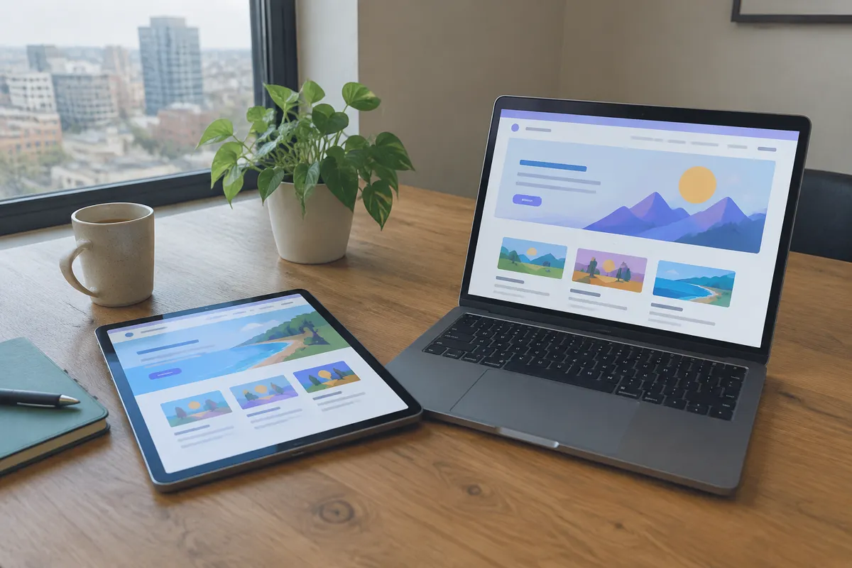 a designer's desk with a tablet showing a website mockup beside a laptop displaying a similar colourful layout, a small plant and a mug