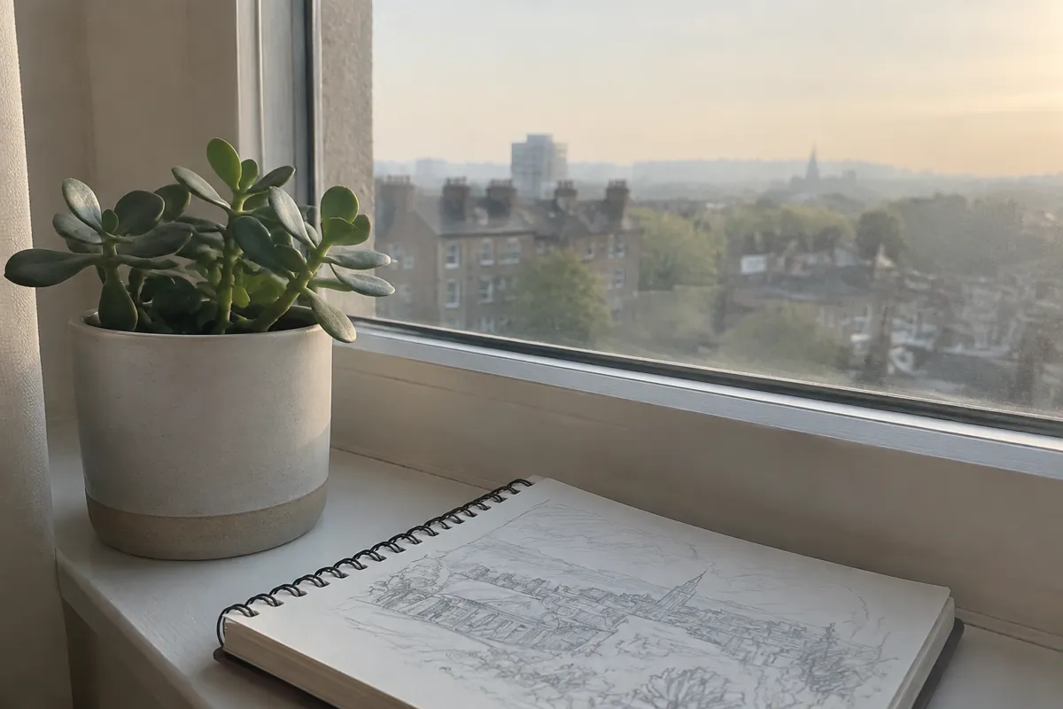 a bright windowsill with a potted succulent and a sketchbook, soft morning light