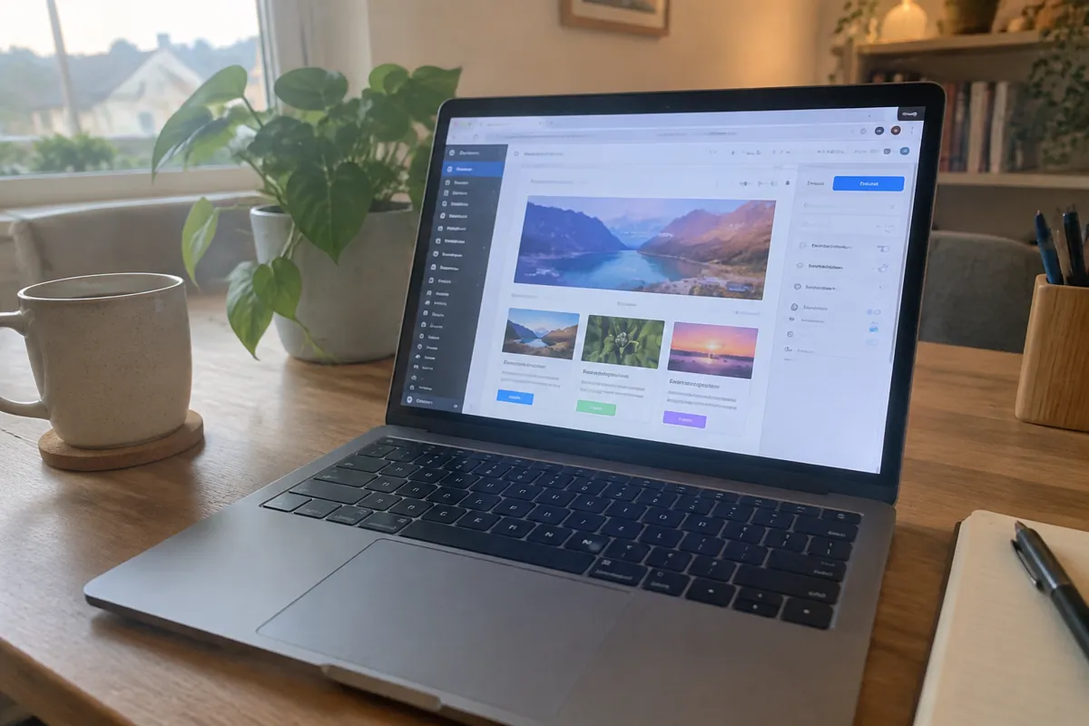 a hand holding a phone photographing a laptop showing a bright WordPress admin dashboard with a colourful page preview, warm creative desk w