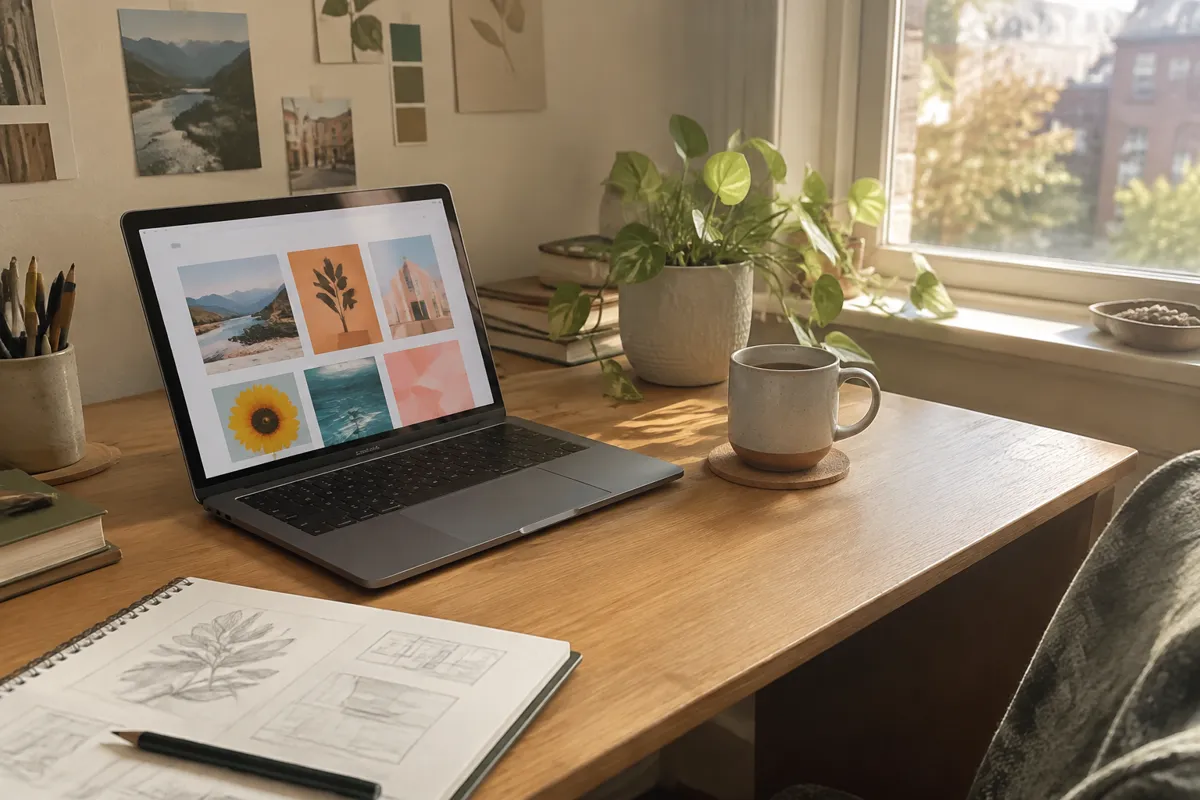 a tidy home studio desk with a laptop showing a colourful website layout, a sketchbook, a potted plant and a coffee, bright warm light