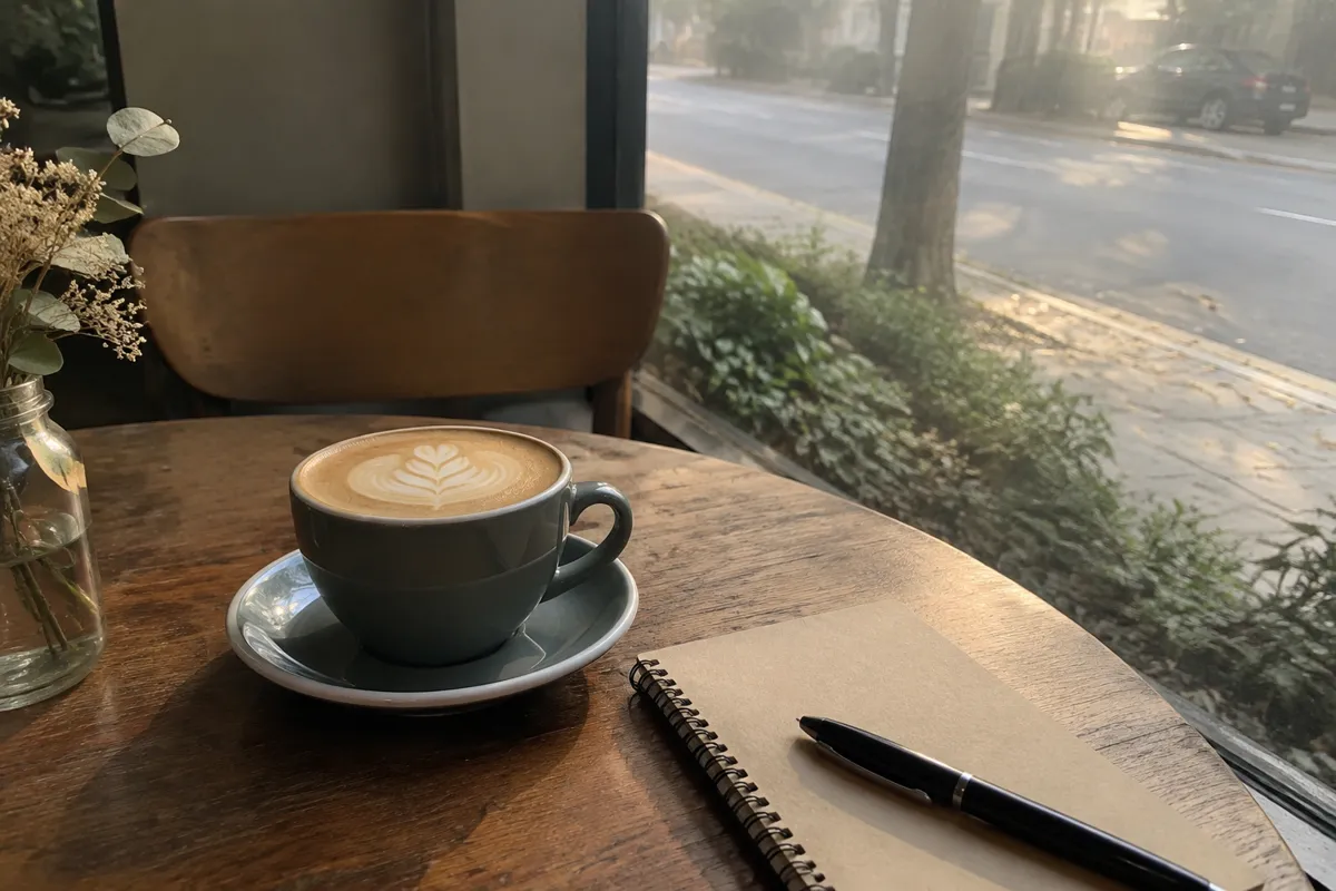 a cafe table by a window with a flat white, a small notebook and a pen, warm afternoon light