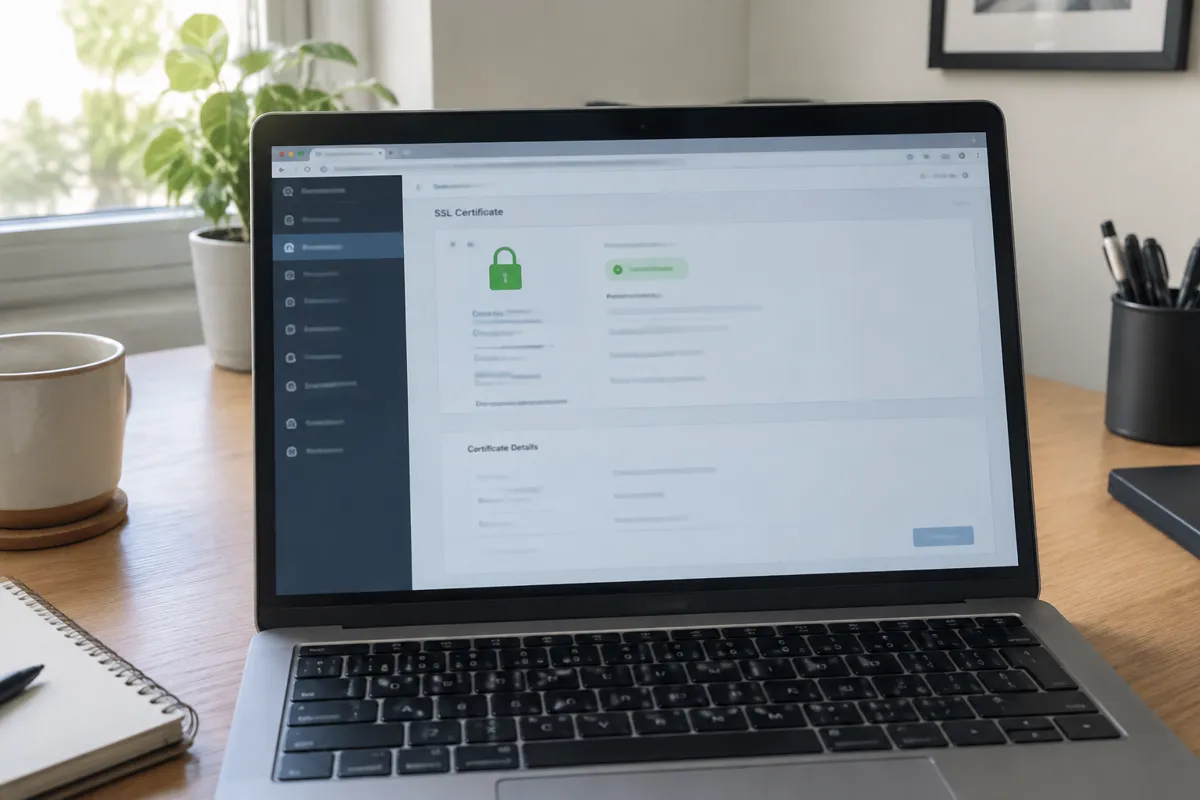 a phone held up photographing a laptop screen showing a managed hosting panel with an SSL certificate settings page and a green padlock stat