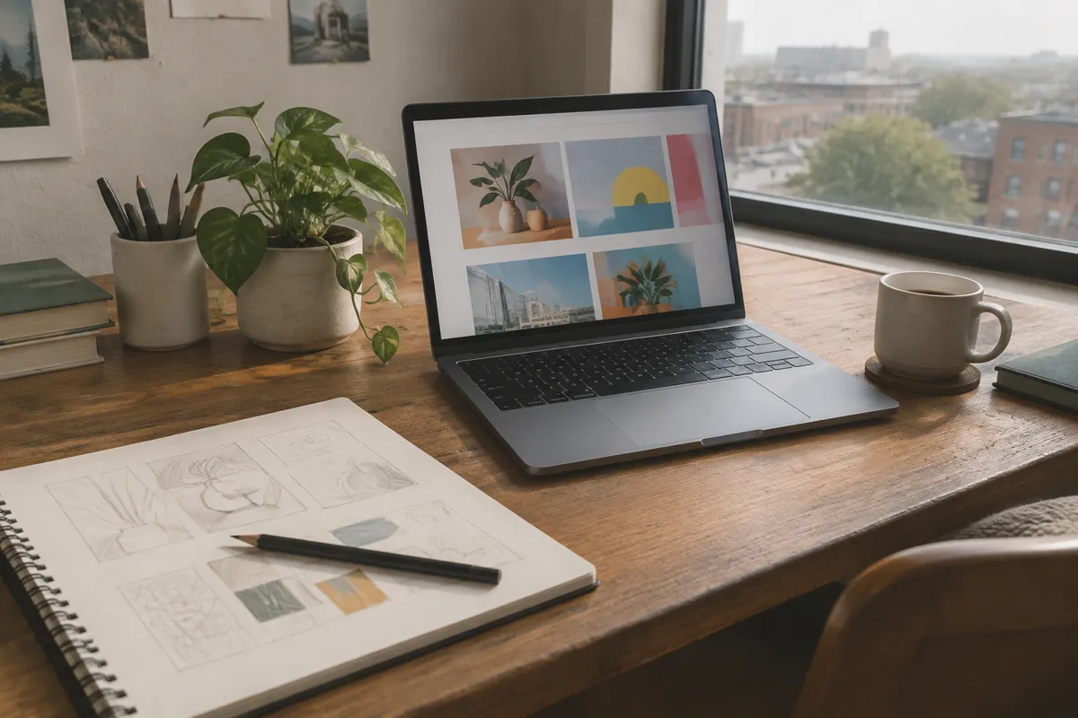 a designer's desk with a laptop showing a colourful website layout, a small potted plant, a sketchbook and a mug in warm daylight