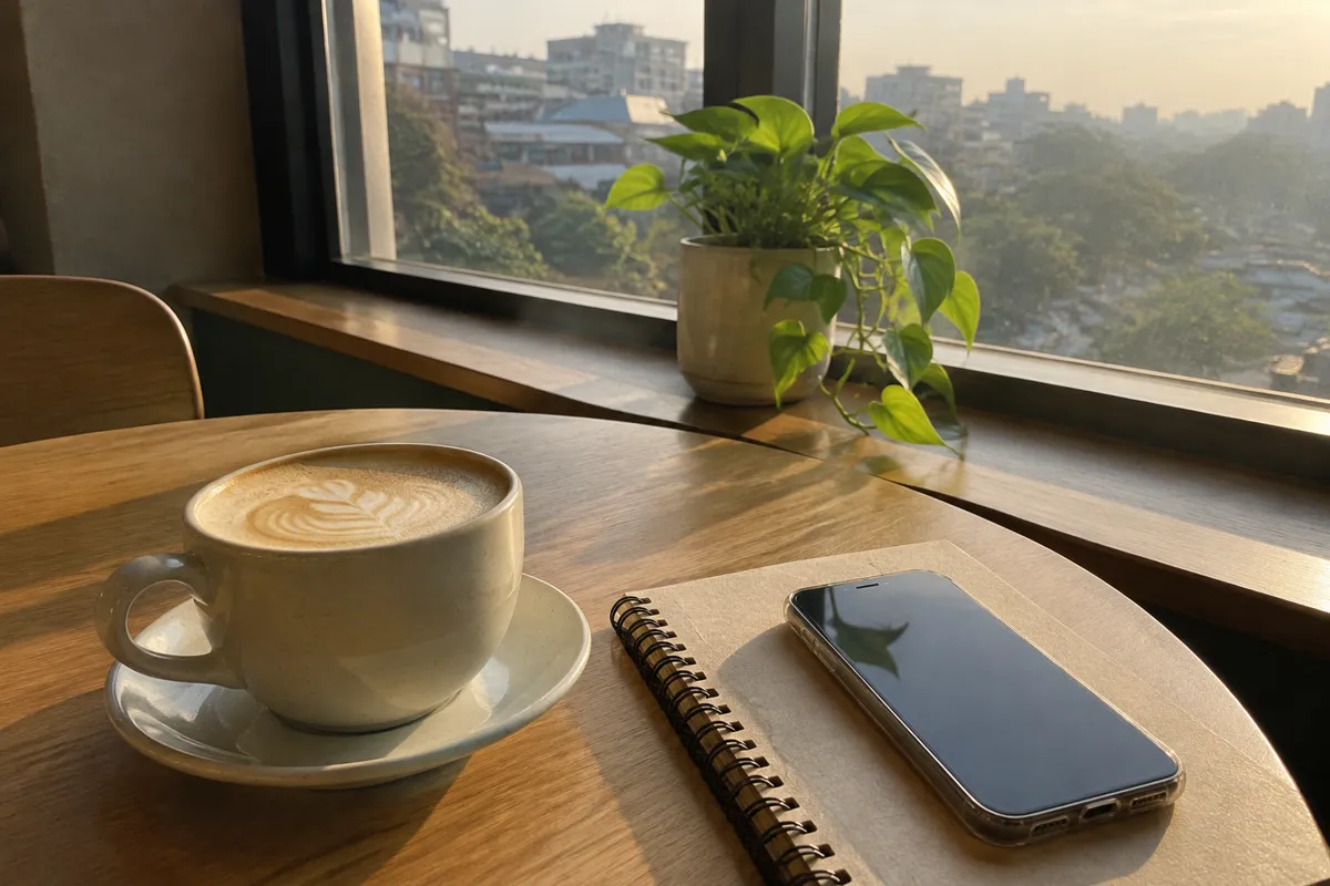 a cafe table with a latte, a small plant on the windowsill and a phone lying beside a notebook, bright warm light