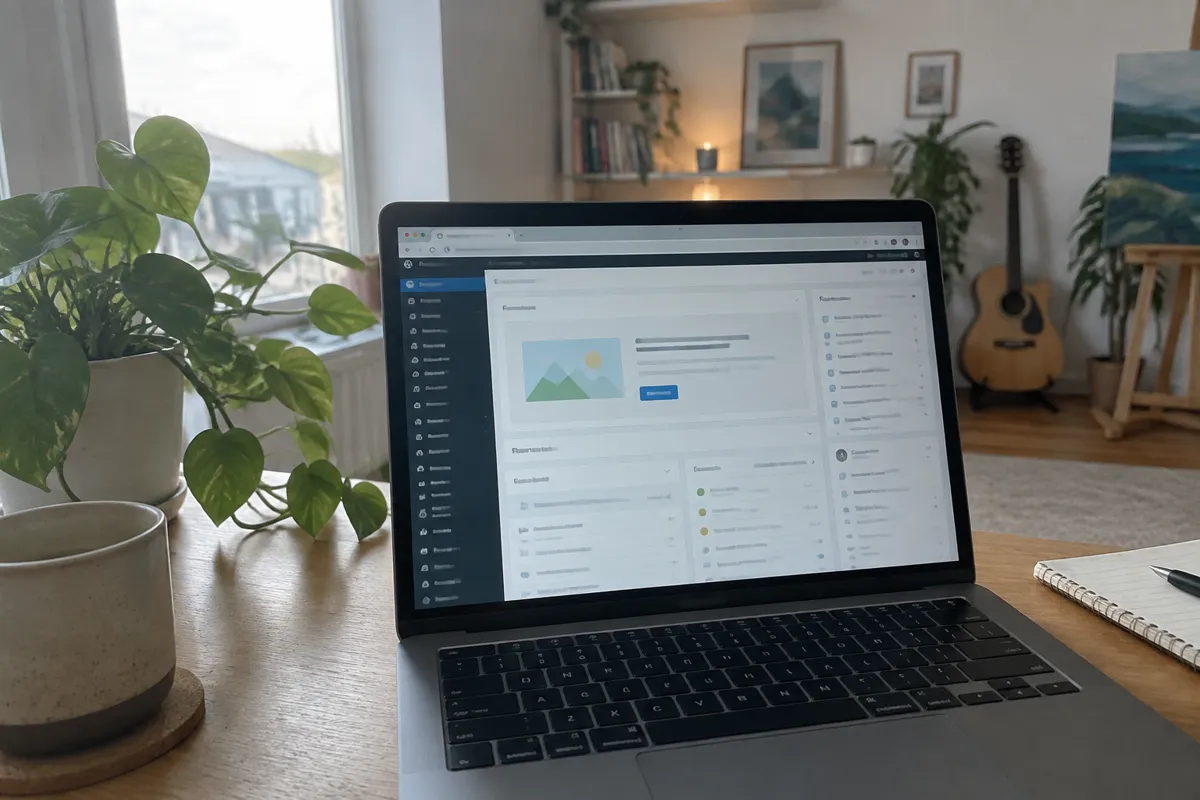 a hand holding a phone photographing a laptop showing a WordPress dashboard with a left sidebar menu and a welcome panel, a bright creative 