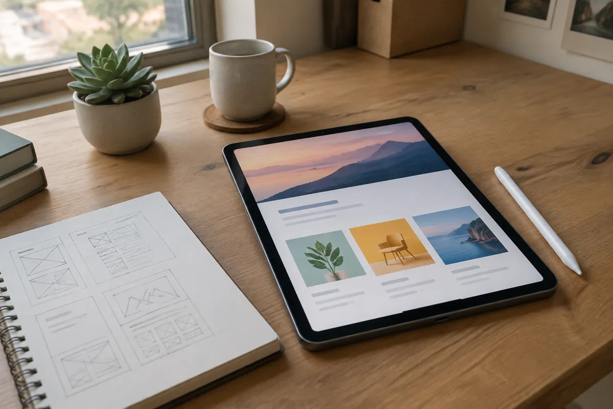 a designer's desk with a tablet showing a colourful website mockup, a stylus, a sketchbook and a small succulent, warm natural light
