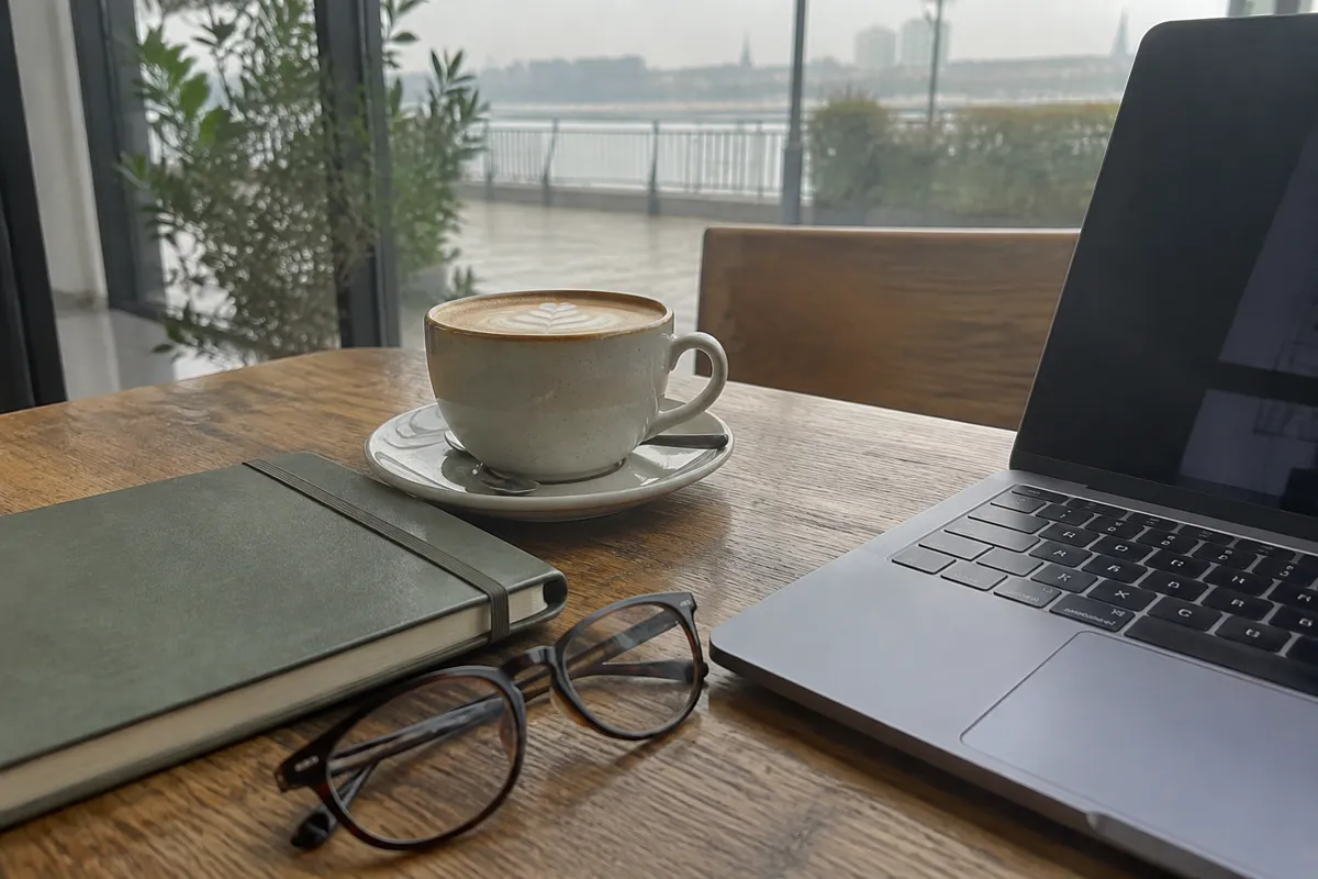 a cafe table with a latte, a notebook and a pair of glasses beside a laptop, soft daylight through a window