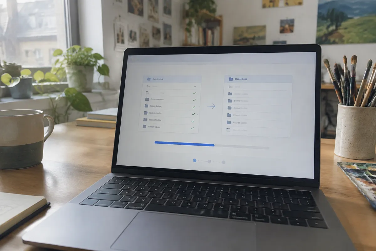 a phone held up photographing a laptop showing a site migration tool with two columns and a transfer progress bar, bright creative home stud