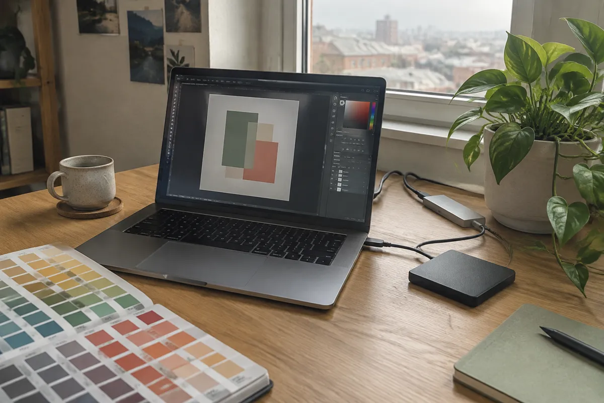 a designer's desk with a laptop and an external drive, a few cables, a colour swatch book and a plant