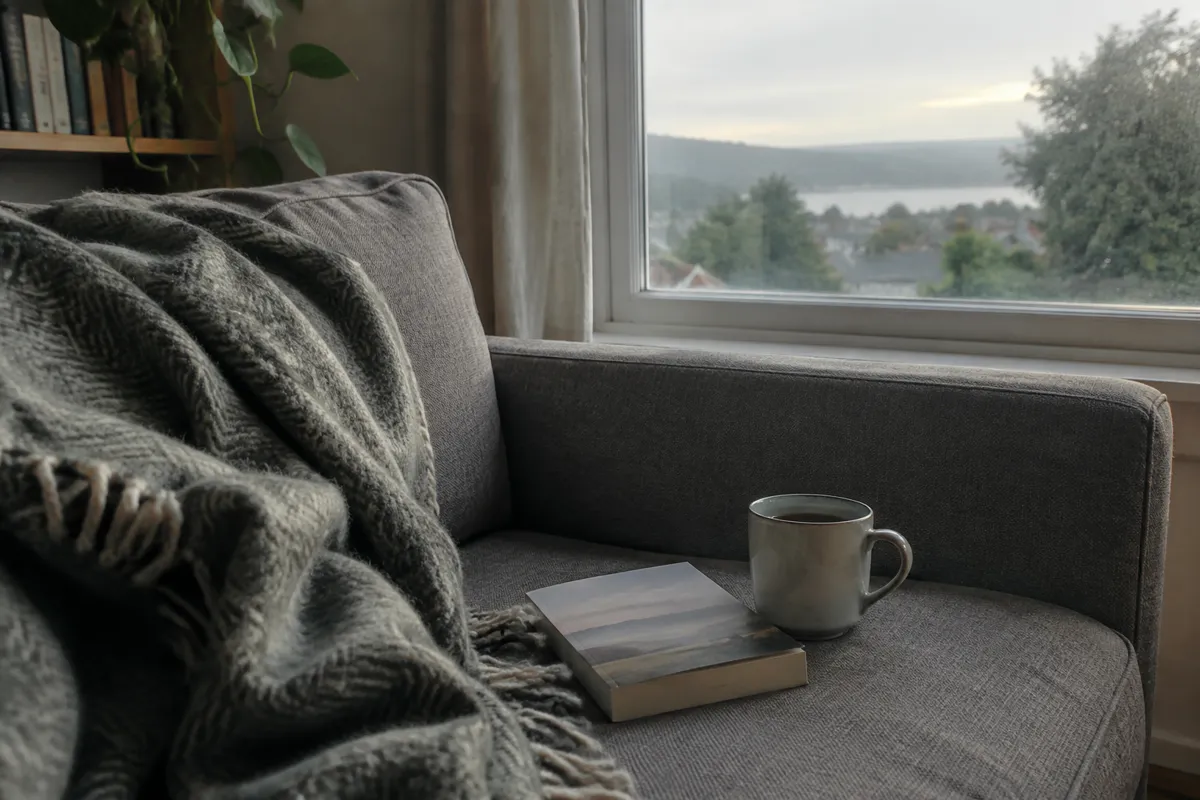 a sofa by a window with a woollen blanket, a mug and a paperback book