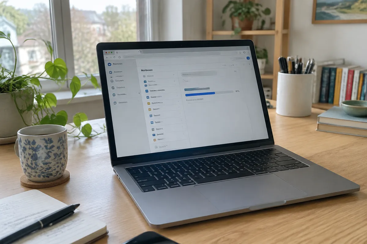 a hand holding a phone photographing a laptop showing a webmail account settings screen with a list of mailboxes and an import progress bar,