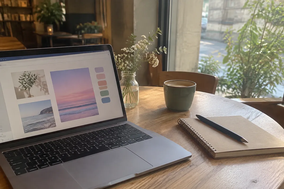 a laptop on a cafe table showing a softly lit colourful design next to a small notebook and a pen, warm afternoon light