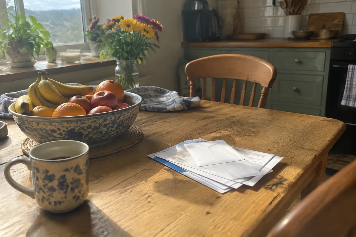 a messy but cheerful kitchen table with a fruit bowl, a few letters in a stack and a mug, morning sun