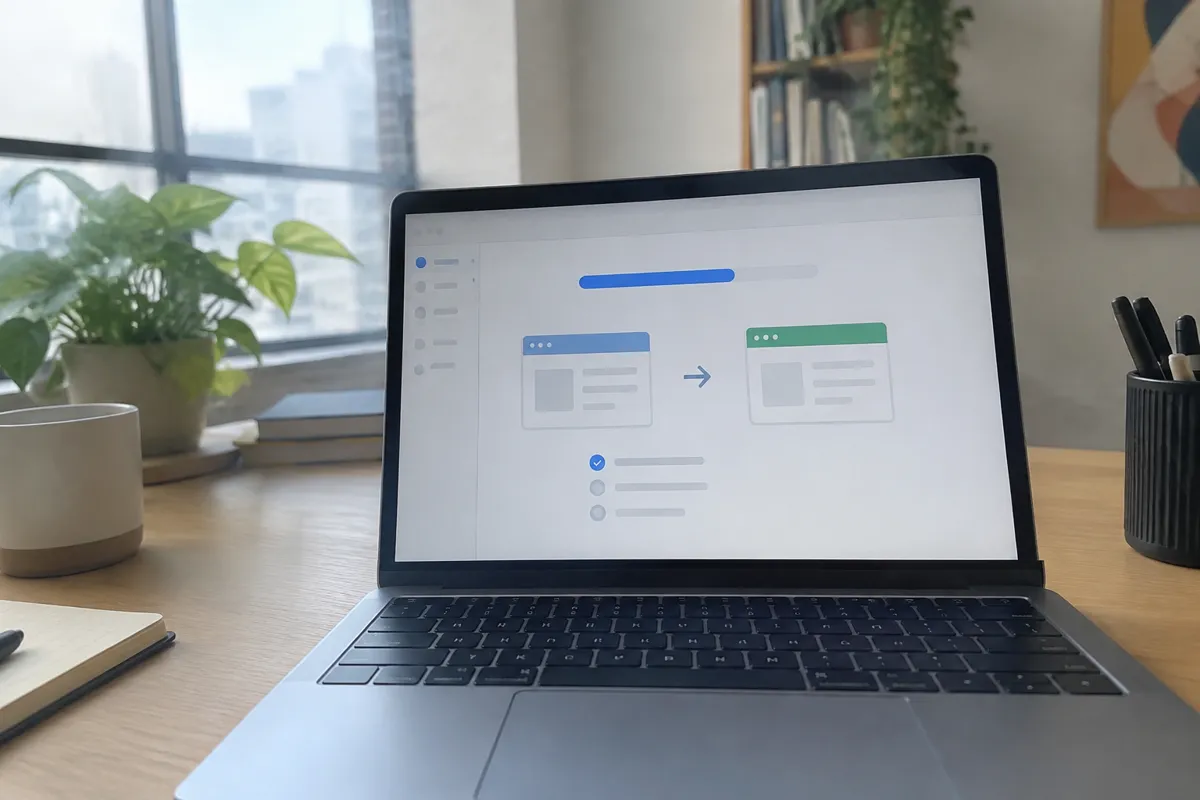 a phone held up toward a laptop showing a migration tool with a progress bar and two site boxes linked by an arrow, bright creative studio