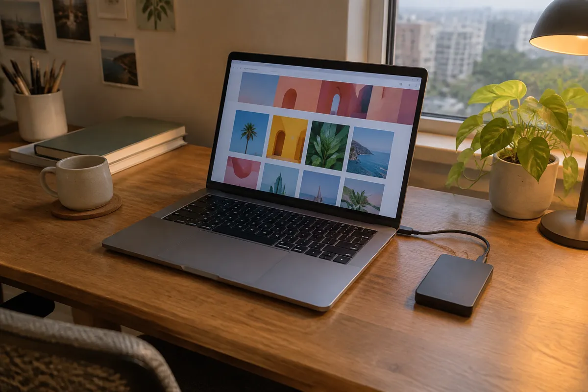 a designer's desk with a laptop showing a colourful website, an external drive beside it and a small plant in warm light