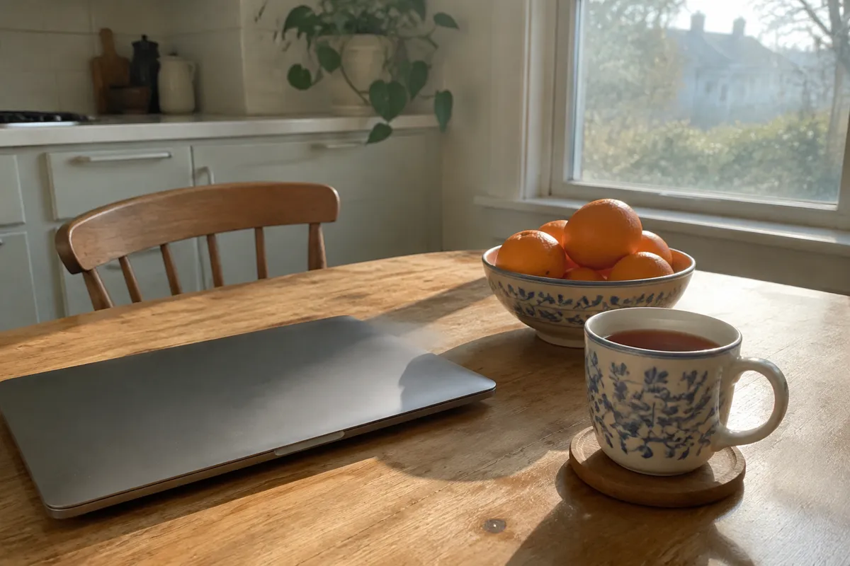 a sunlit kitchen table with a laptop closed, a bowl of oranges and a cup of tea