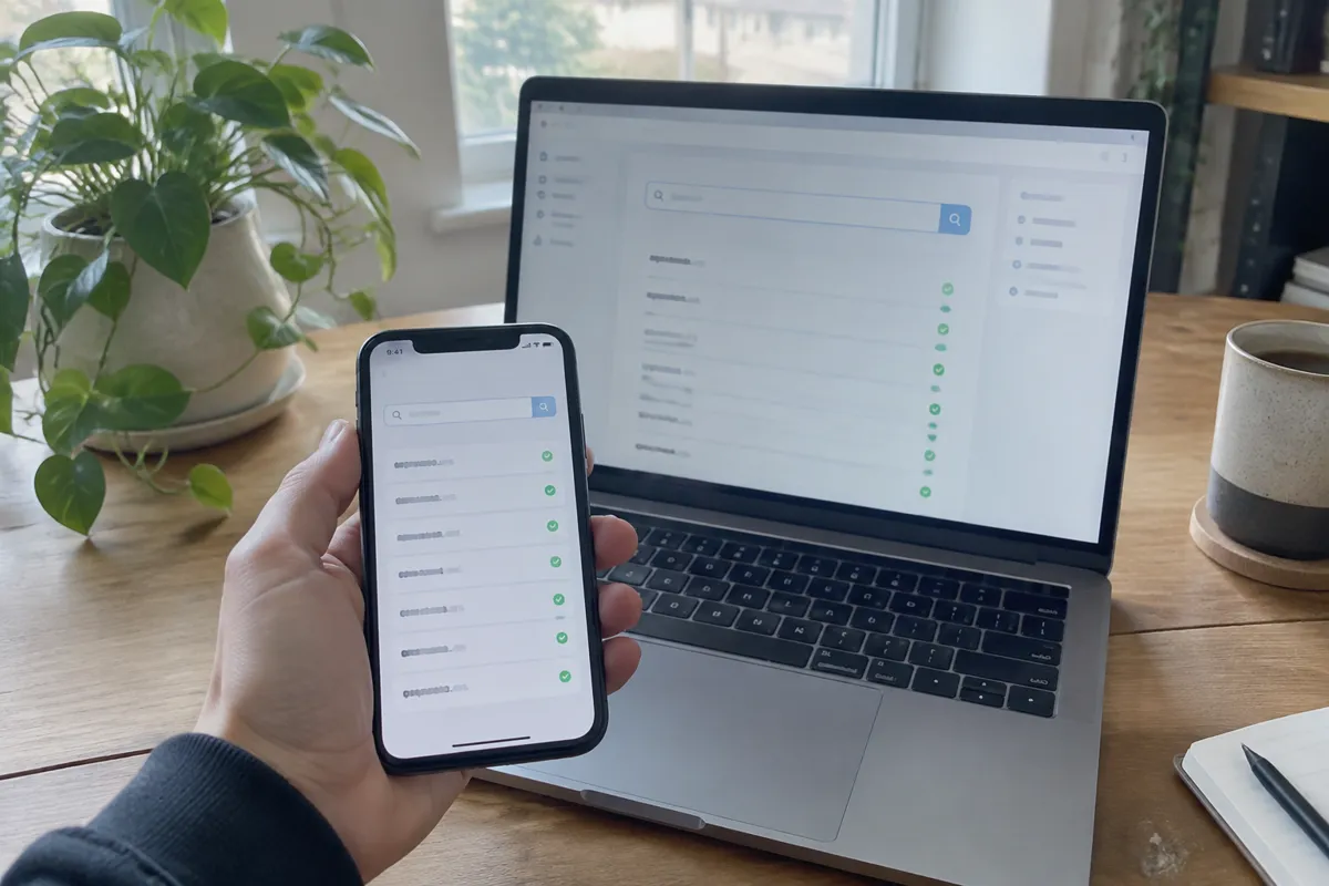 a hand holding an iPhone up to a laptop in a bright home studio, the laptop showing a domain search and registration screen with a search bo