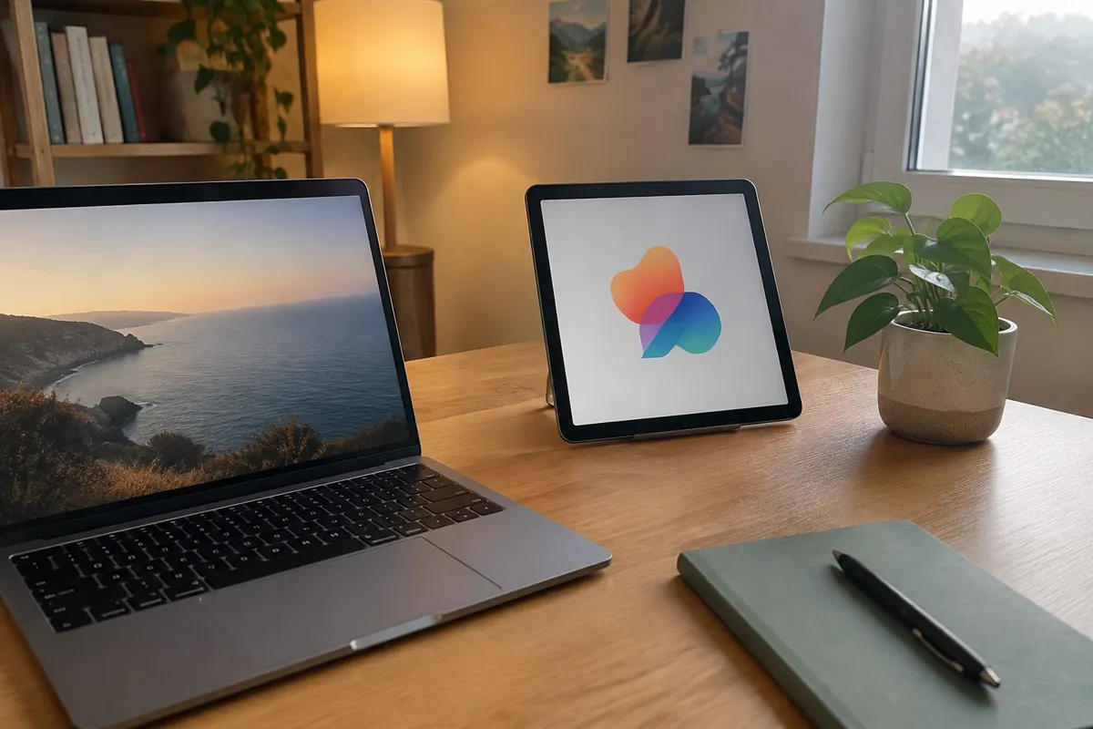 a tidy home studio desk with a laptop, a tablet on a stand showing a colourful logo mockup and a small potted plant, warm light