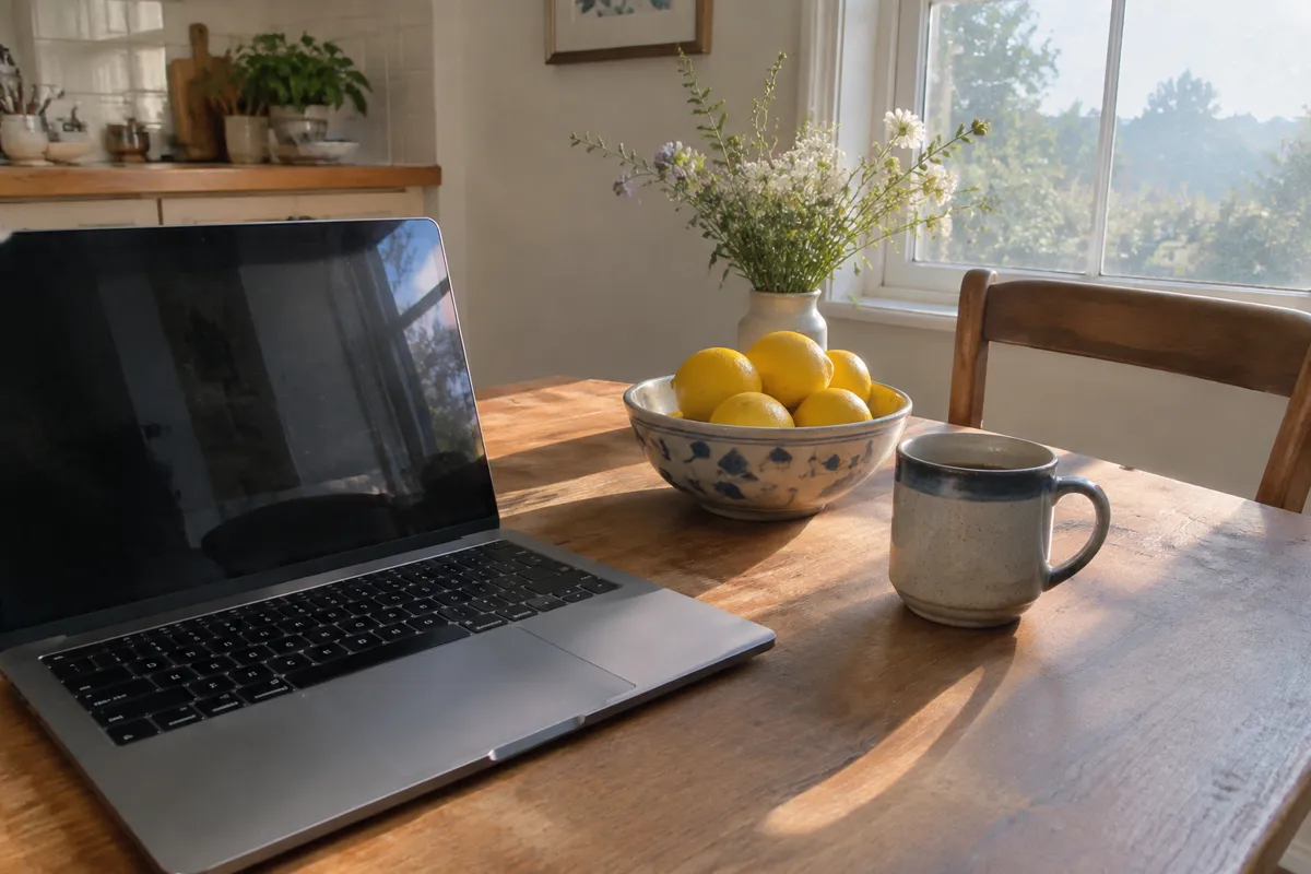 a sunlit kitchen table with a laptop, a bowl of lemons and a ceramic mug, bright morning light