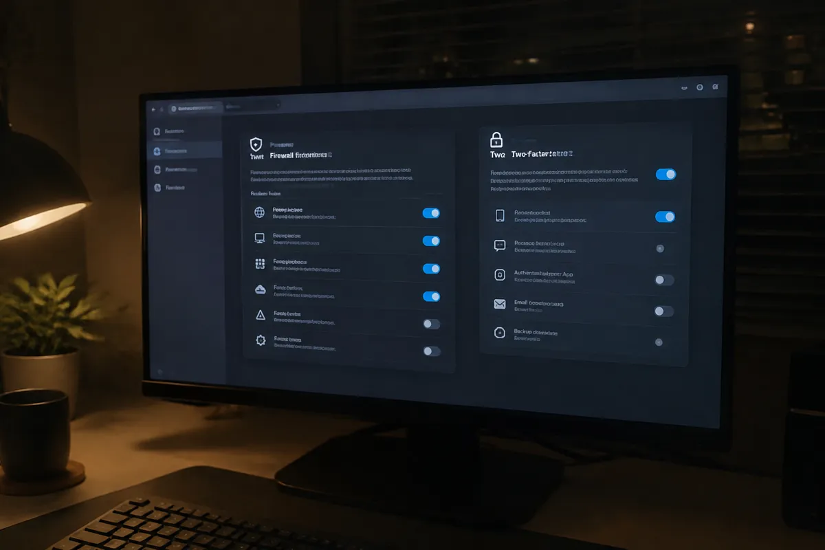 a phone held up photographing a monitor showing firewall settings and a two-factor login screen with a toggle list, dark home office at nigh