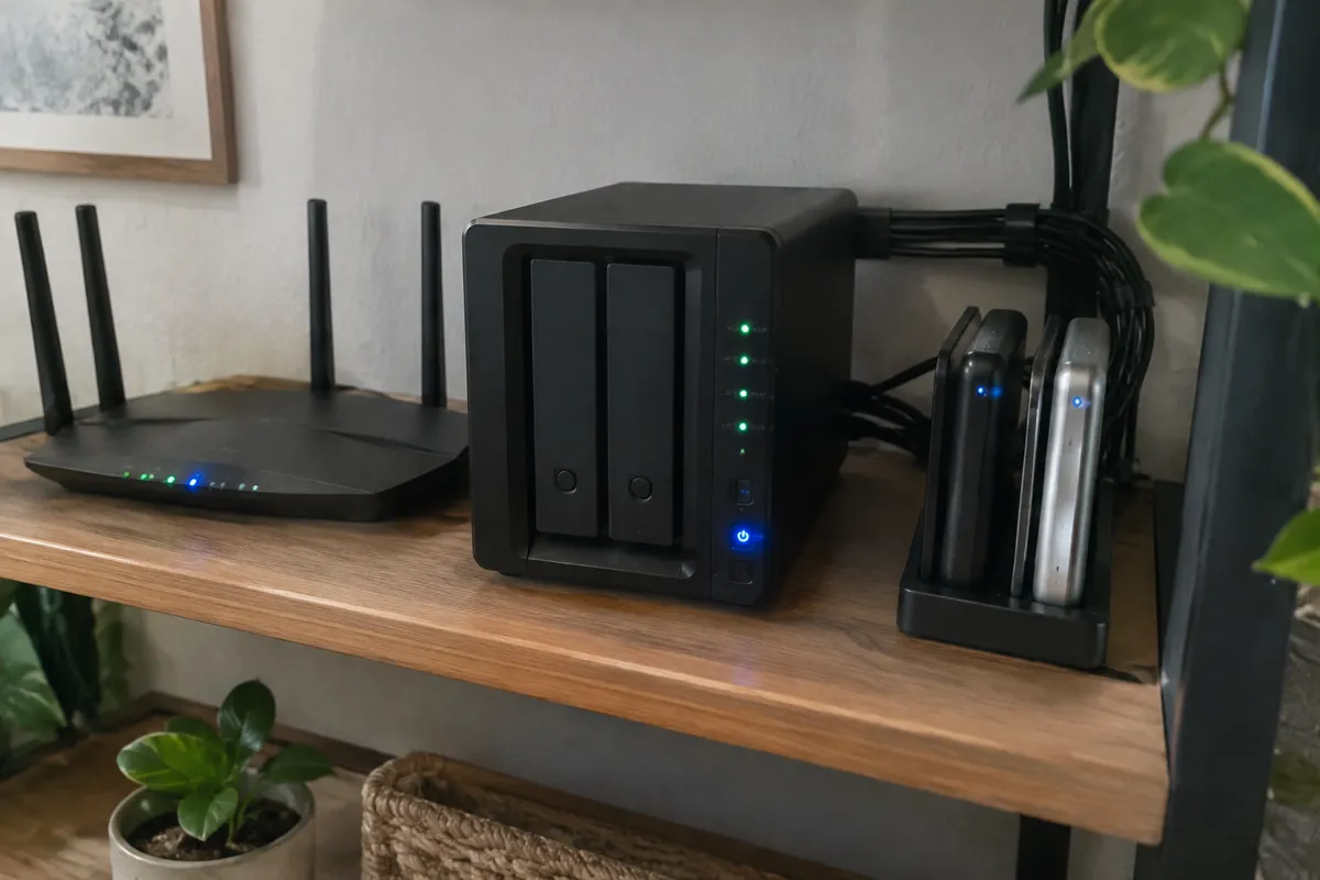 a mini home server with blinking LEDs beside two external drives and a router on a shelf, cables neatly tied