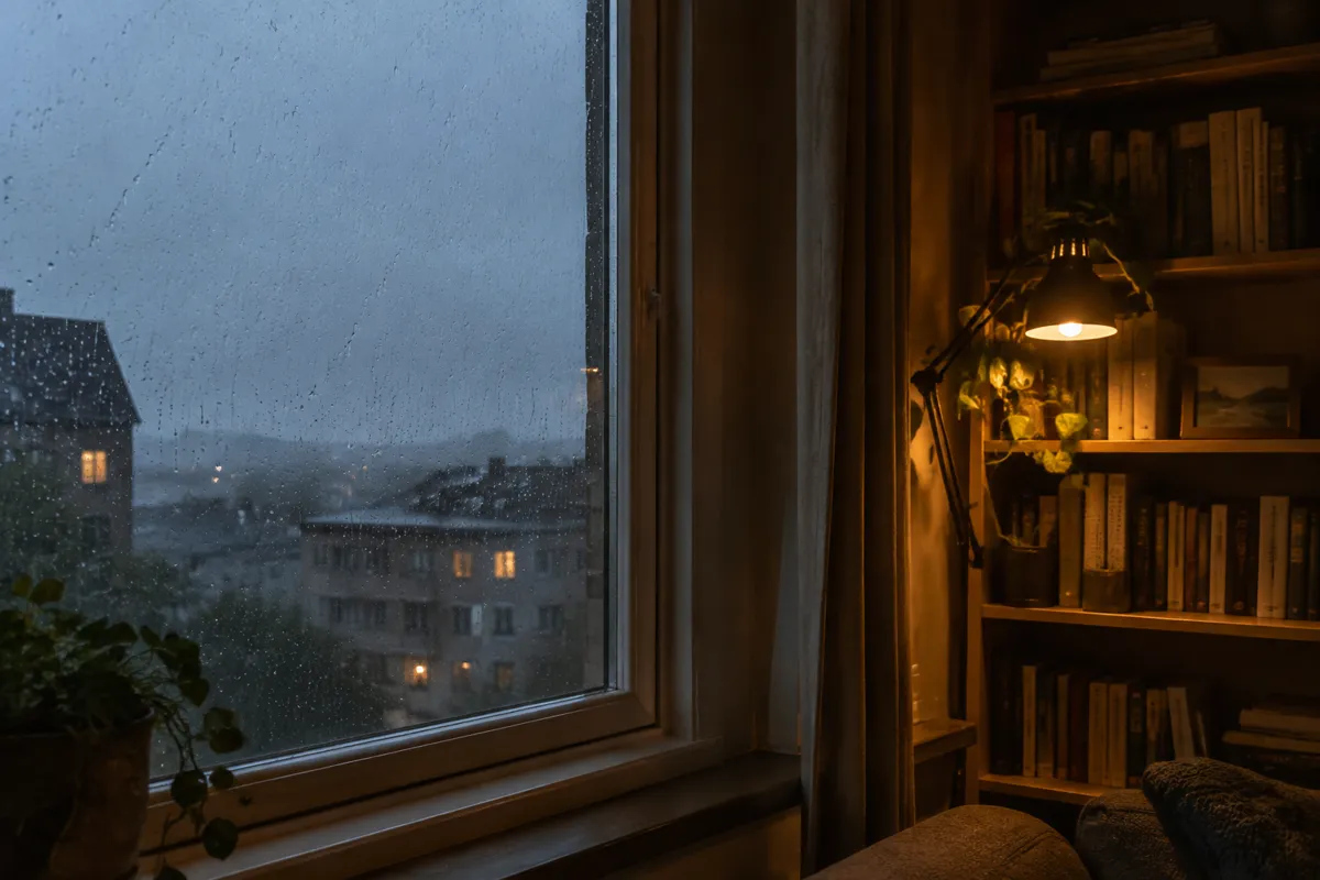 a rainy window with droplets and a desk lamp glowing on a bookshelf, moody evening