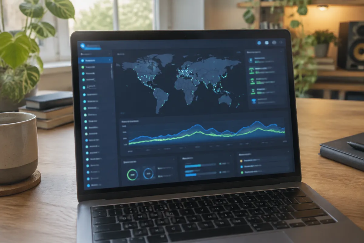 a phone held up photographing a laptop showing a managed hosting panel with a world map of connected points and a speed graph, warm bright h