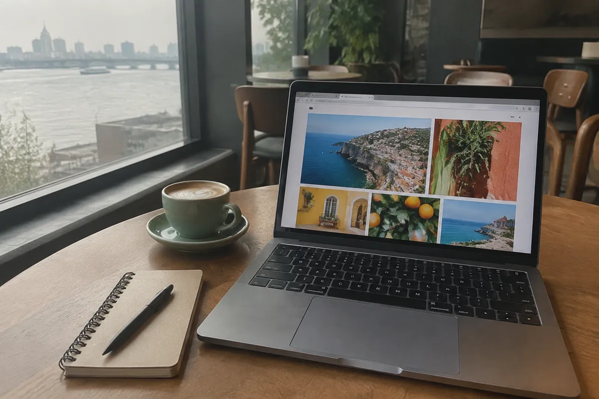 a laptop on a cafe table showing a colourful website with a coffee cup and a small notebook beside it