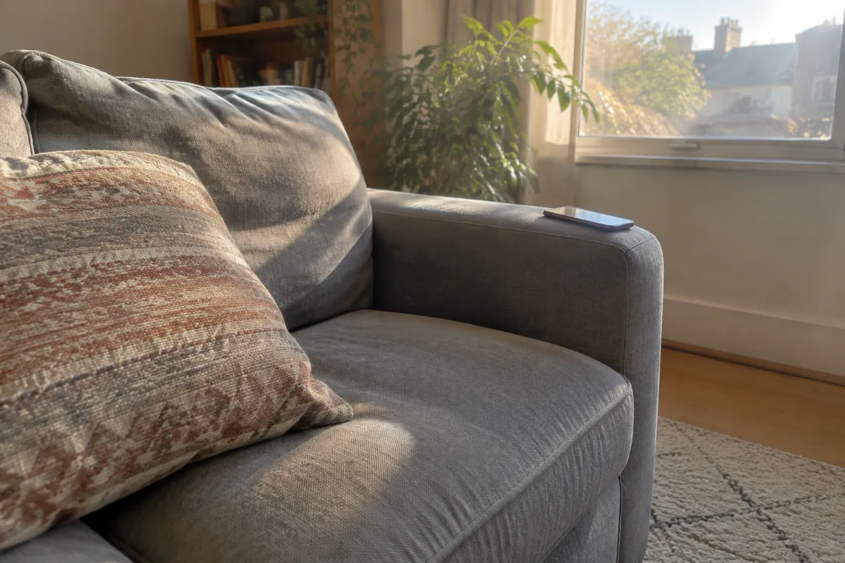 a sunlit living room with a sofa, a cushion and a phone resting on the arm, warm afternoon light