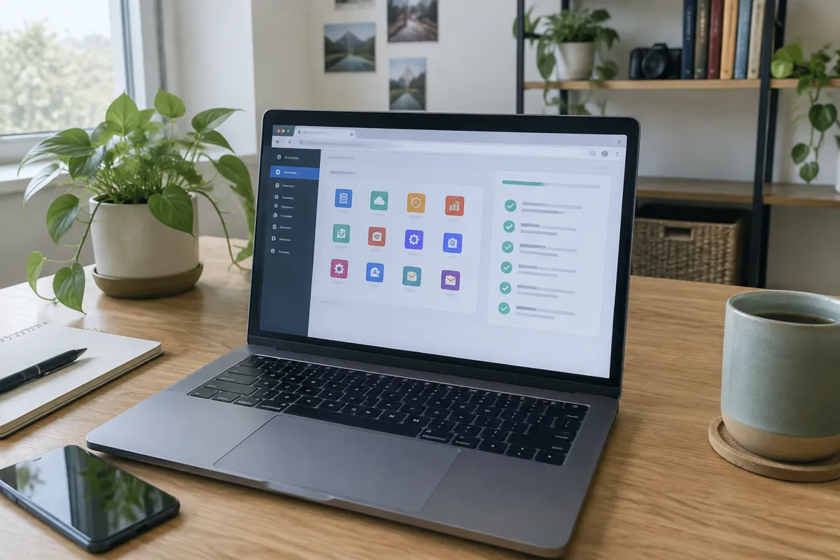 a hand holding a phone photographing a laptop showing a managed hosting panel with a grid of colourful icons and a setup checklist, bright h