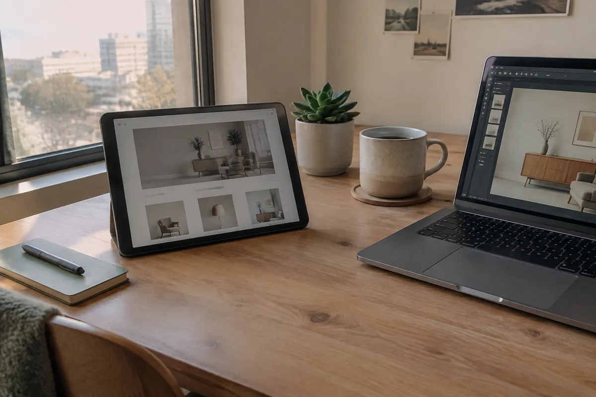 a designer's desk with a tablet showing a website mockup beside a laptop, a succulent and a mug, warm daylight