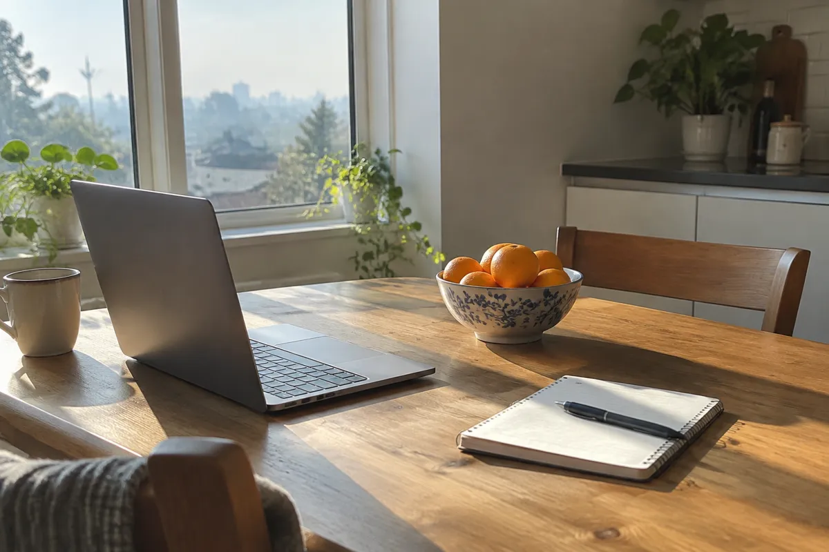 a sunlit kitchen table with a laptop, a bowl of oranges and a notebook, bright morning