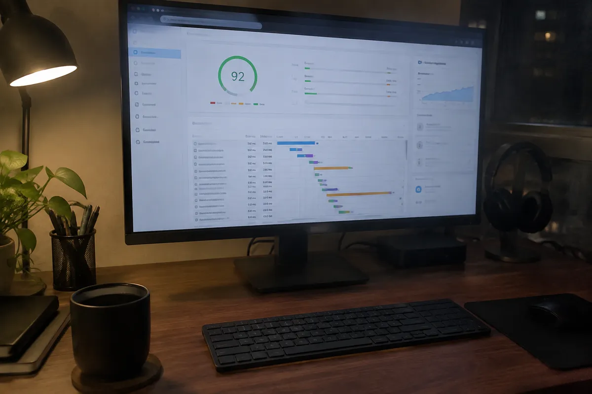 a phone held up photographing a monitor showing a page-speed result with a speed gauge and a waterfall chart of load times, a techy desk at 