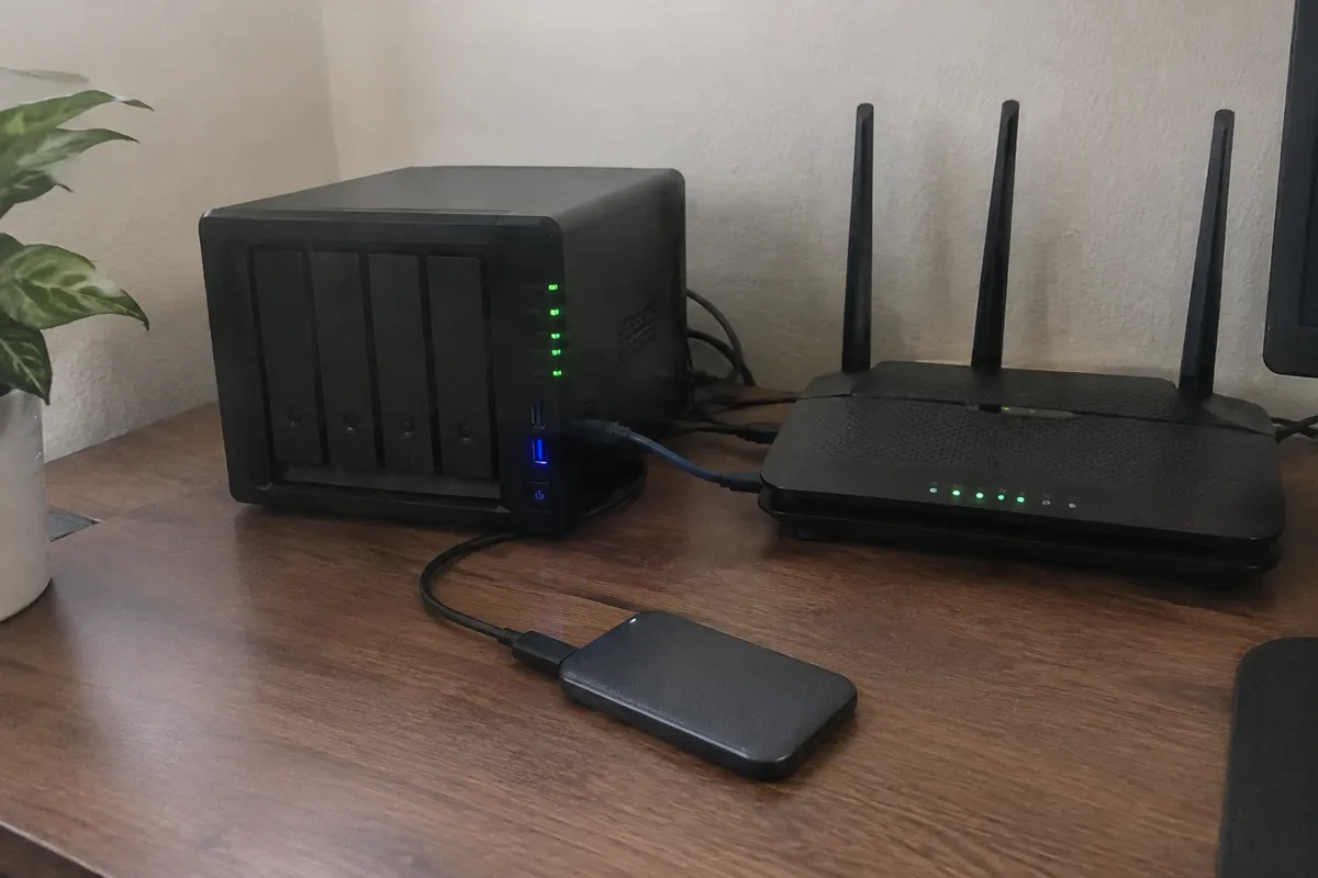 a mini home server with blinking LEDs beside a router, a short ethernet cable and an external SSD on a desk
