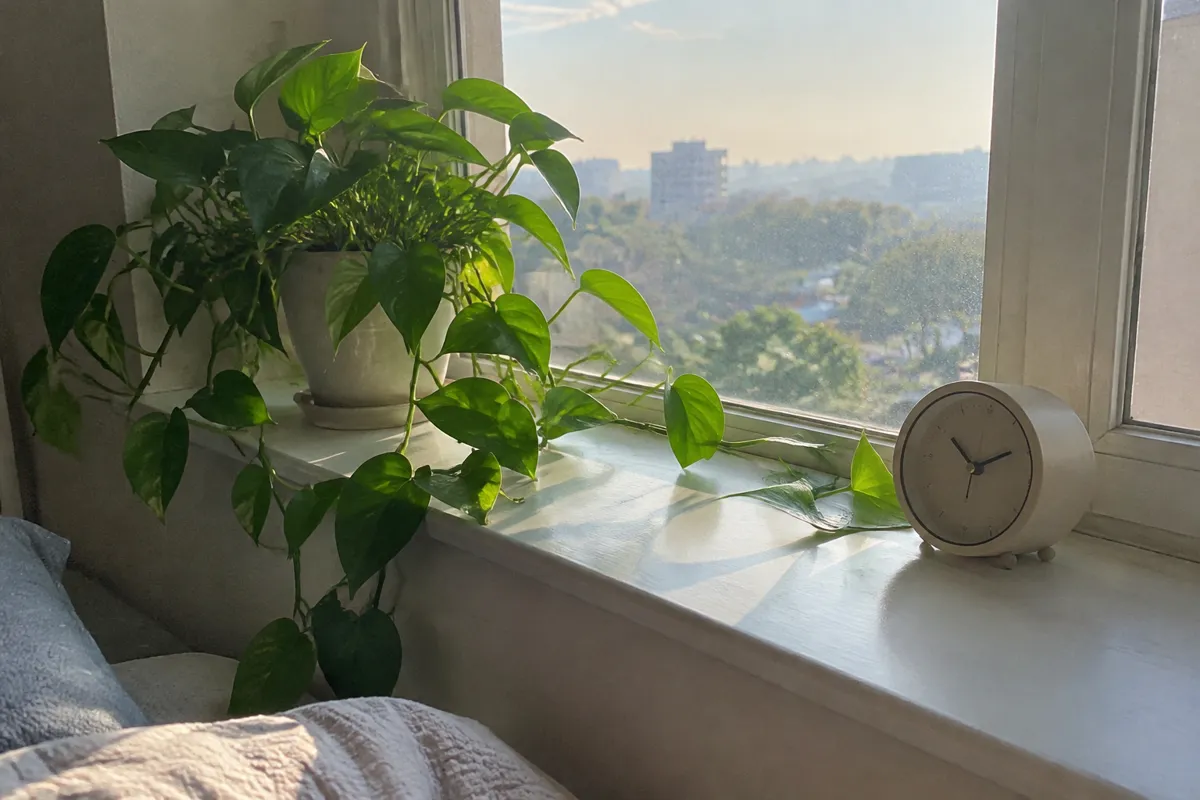 a sunlit window sill with a trailing plant and a small clock, quiet morning light