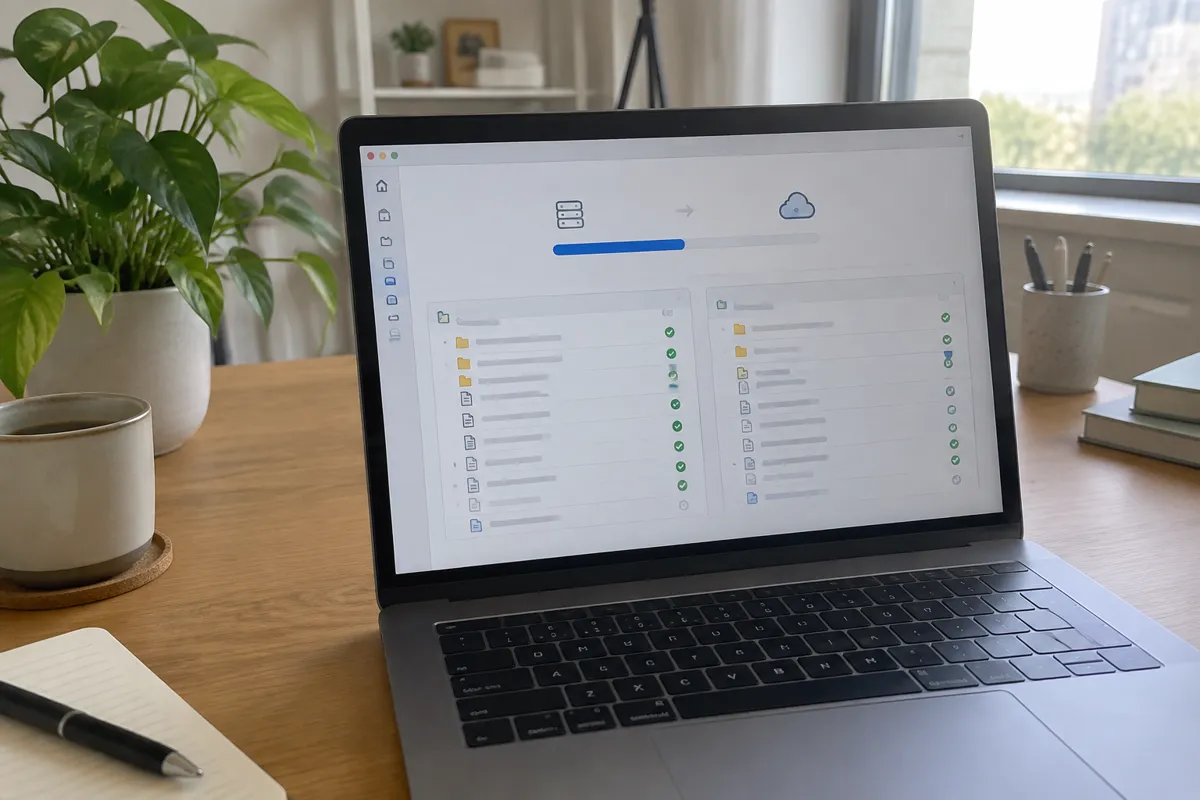 a hand holding a phone photographing a laptop showing a site migration tool with a progress bar and two columns of file lists, a bright home