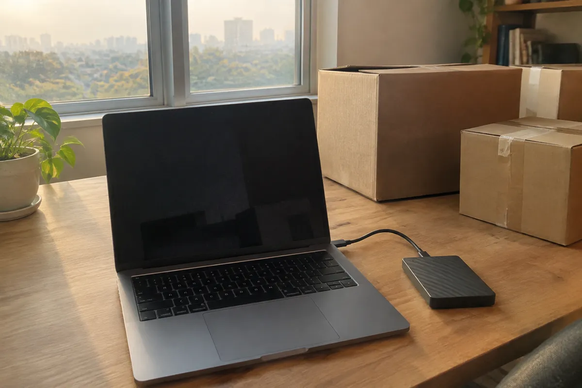 a laptop beside an external hard drive and a few cardboard moving boxes on a tidy desk, warm daylight