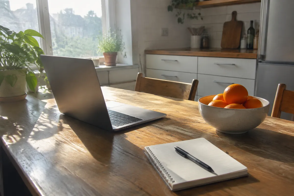 a sunlit kitchen table with a laptop, a notebook and a bowl of oranges, cheerful morning light