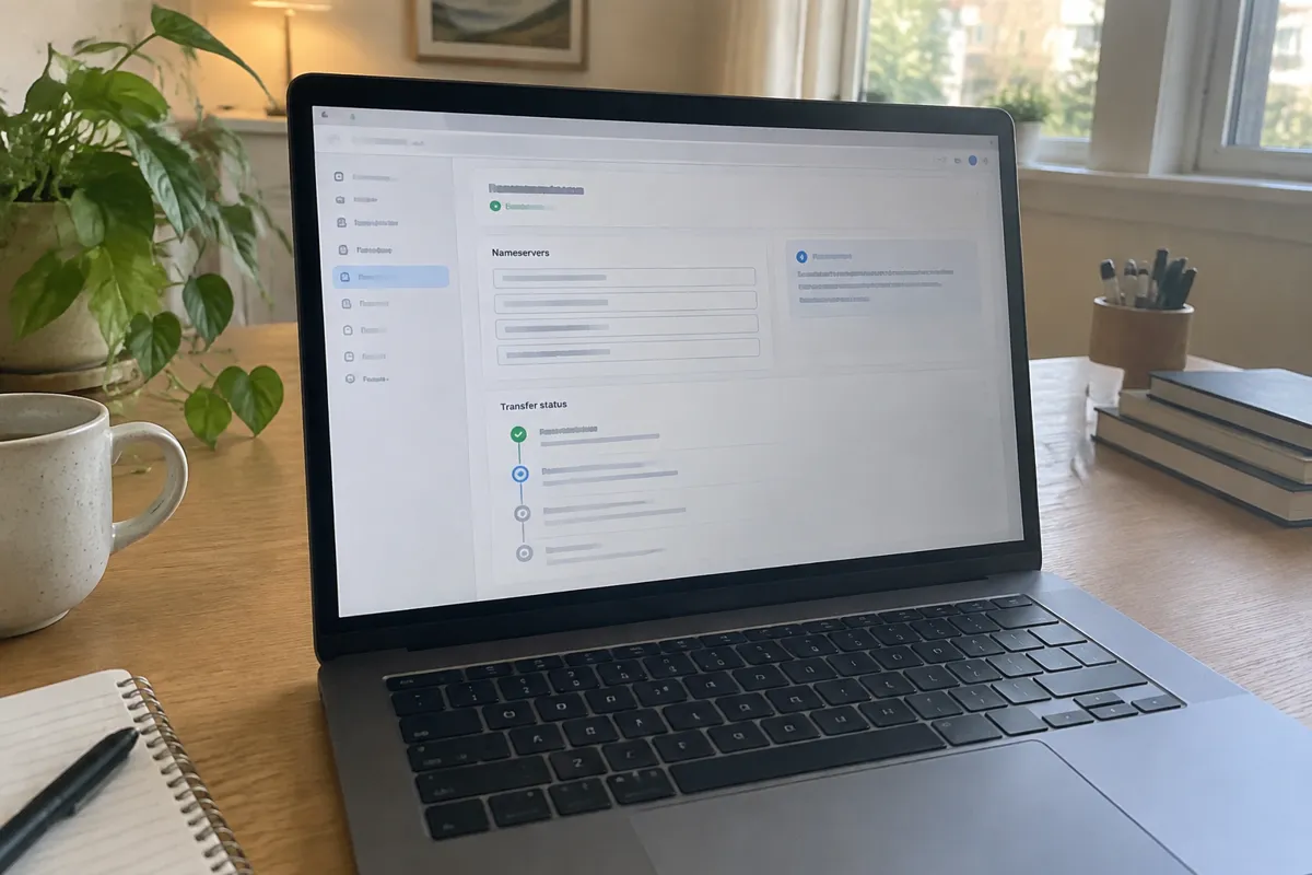 a phone held up photographing a laptop showing a domain management screen with nameserver fields and a transfer status step list, bright war