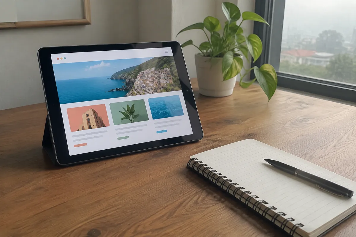 a tablet showing a colourful website mockup propped on a desk beside a notebook and pen, a small plant nearby