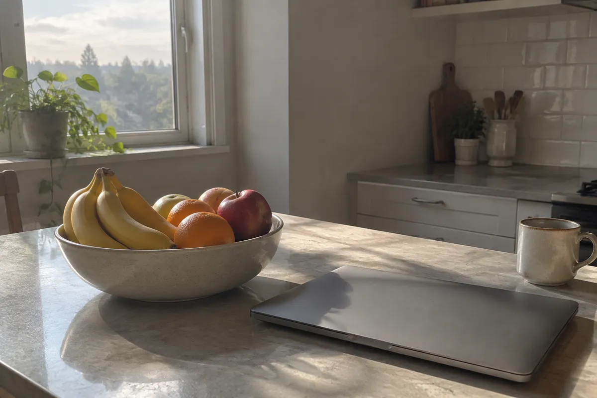 a kitchen bench with a bowl of fruit, a laptop closed and morning sunlight through a window