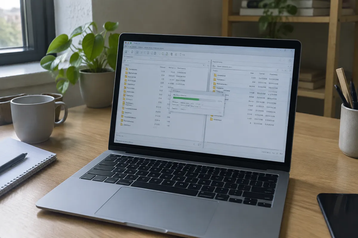 a hand holding a phone photographing a laptop showing a two-pane file transfer window with folders listed on both sides and a progress bar, 