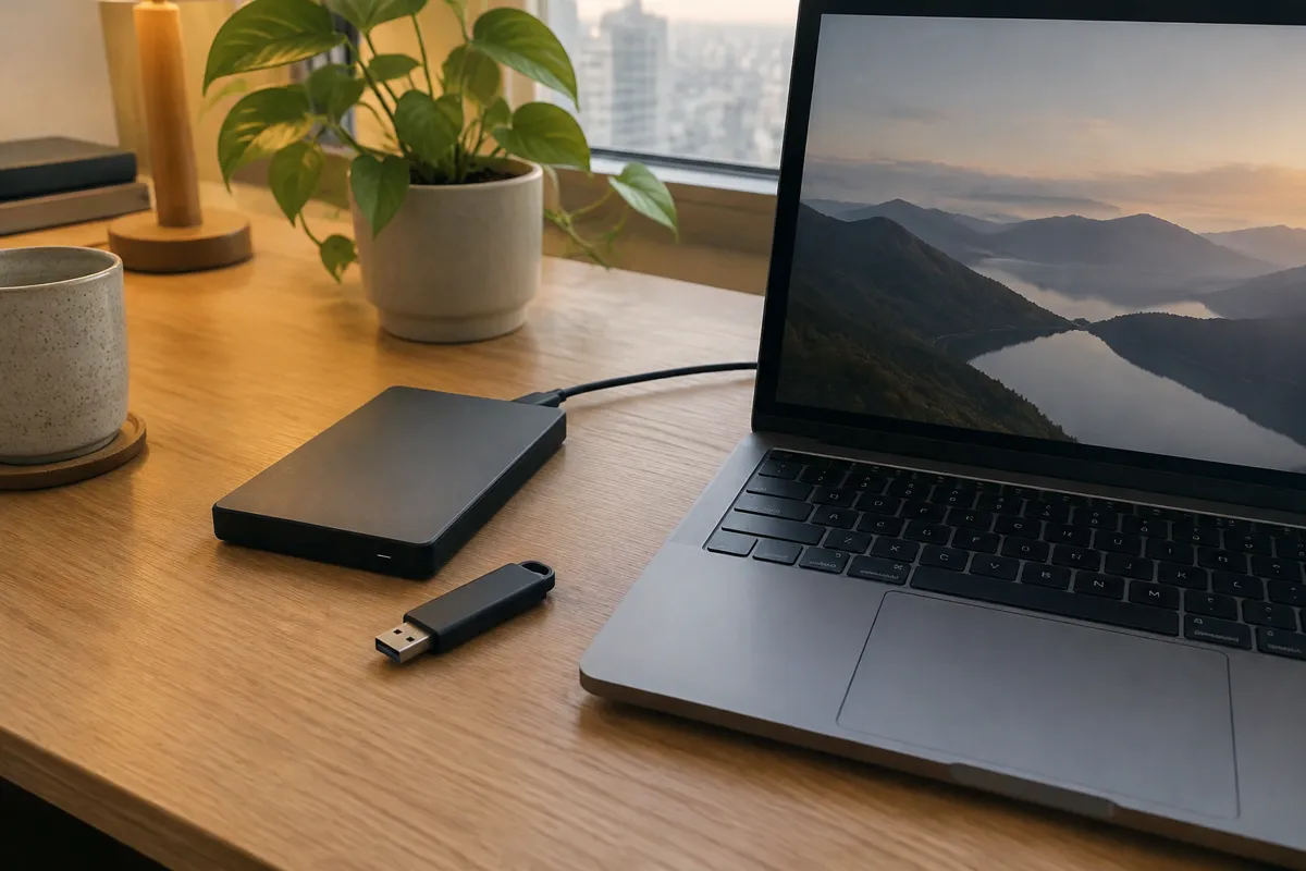 an external hard drive and a USB stick beside an open laptop on a tidy designer's desk with a small plant, warm light