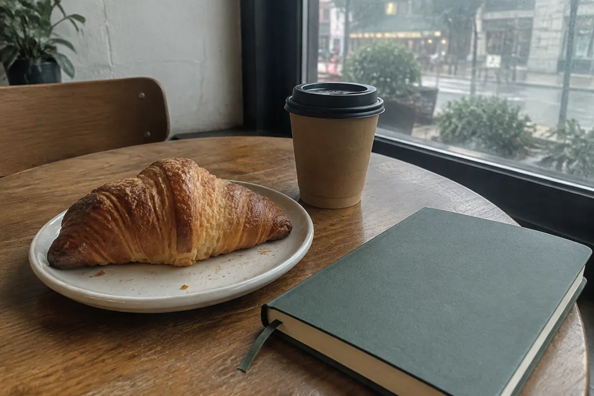 a cafe table with a croissant on a plate and a takeaway coffee cup next to a closed notebook, soft window light