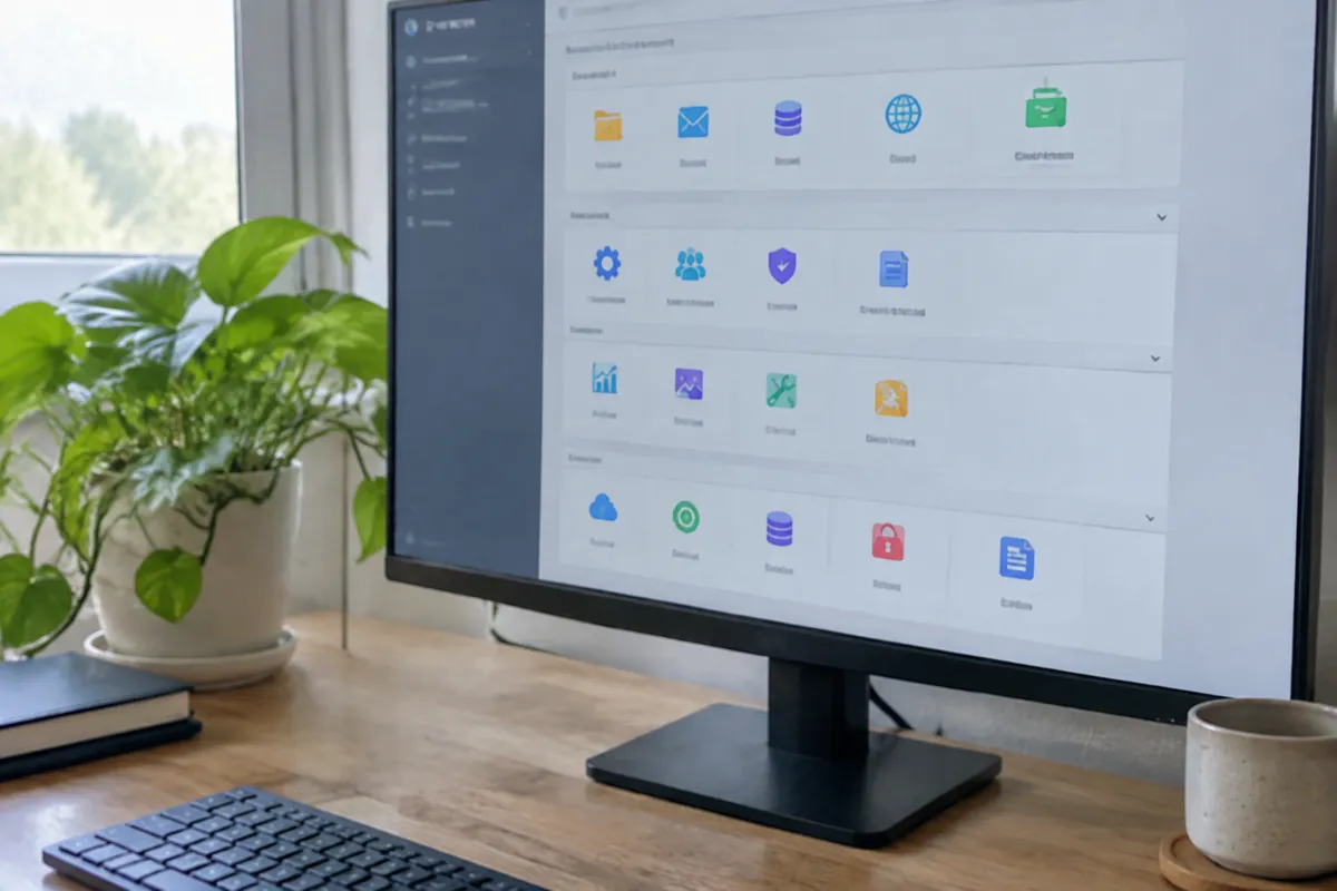 a phone held up toward a monitor showing a hosting control panel with a grid of colourful icons grouped into sections, bright home studio wi