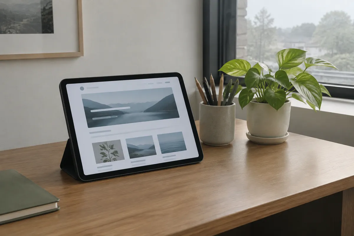 a tablet on a tidy desk showing a website mockup beside a pencil pot and a small plant in soft daylight