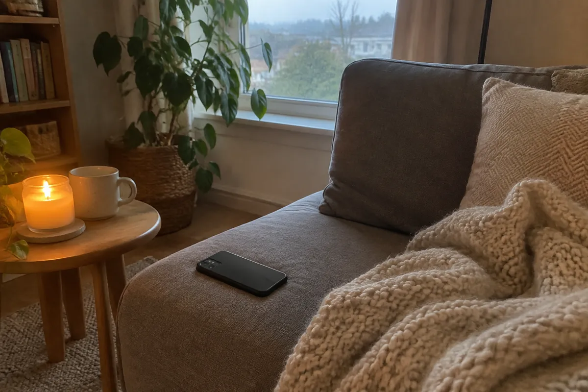 a cosy sofa corner with a knitted blanket, a candle and a phone face down on the cushion